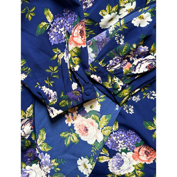 LULU'S Mini Floral Dress Faux Wrap LongSleeve V-Neck Cocktail Blue Cottagecore - Picture 7 of 12